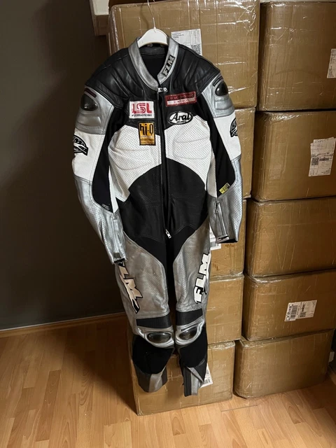 FLM Leather Suit Biker Outfit Racing 1 PC Silver Motorcycle Jacket Pants Size 48