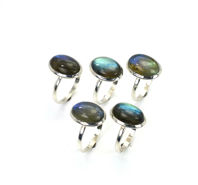 Wholesale 5Pc 925 Solid Sterling Silver Labradorite Ring Lot W162