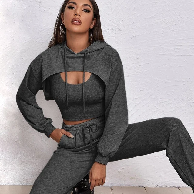 Women's Sport Tracksuit Hoodies Sweatshirt Vest Pants Jogger 3Pcs Set Track Suit