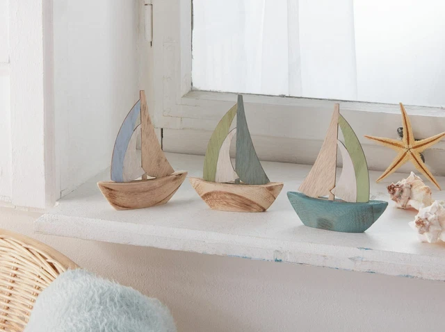 Salvare Set 2x Segelboot " Olà ", 3er Set, Decorazione Marittima, Legno, Blu E