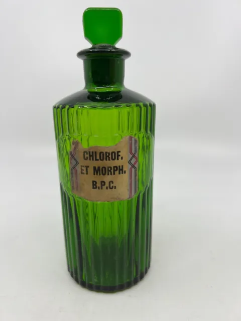 Chloroform Morphine Green Ribbed Antique Apothecary Bottle Pharmacy Medicine