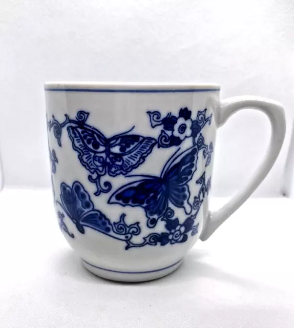 Vintage Chinese Porcelain White Mug with Blue Butterflies 4.5" H x 3.5 " L 10 oz