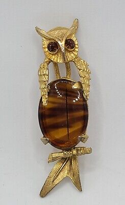 Vtg Goldtone Amber Tiger Glass Jelly Belly Type Owl 2.5" Pin Brooch Unsigned