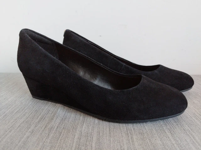 CLARKS ARTISAN VENDRA Bloom Black Suede Slip On Wedge Heel Shoes