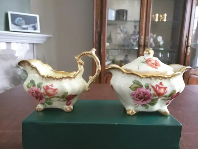 Hammersley Red & Yellow Roses Gold Gilt Creamer & Sugar Set