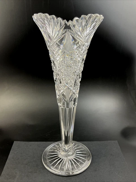 Antique ABP American Brilliant Period Cut Glass 13 3/4" Trumpet Vase