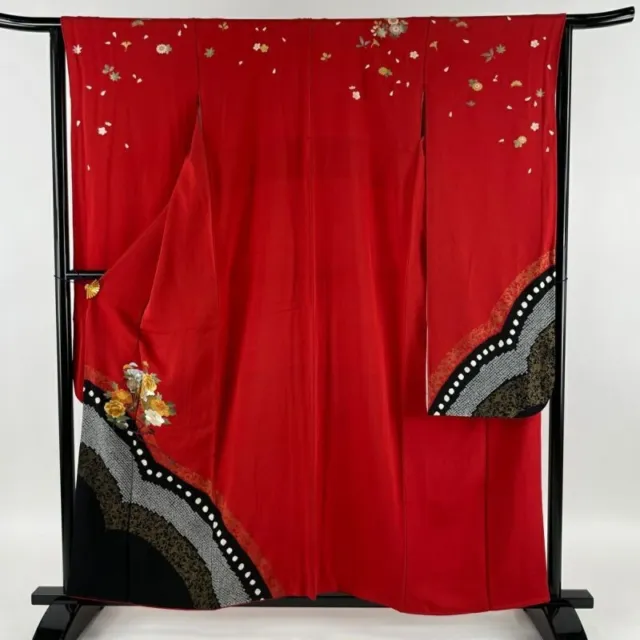 Japanese Kimono Furisode Pure Silk Folding Fan Moutan Embroidery Gold Thread Red