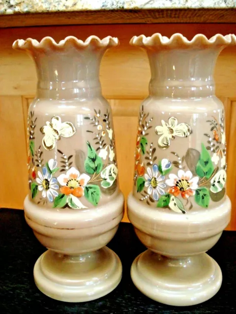 Pair Victorian Opaline Bristol Glass Ruffled Rim Antique Semi-Translucent Vases