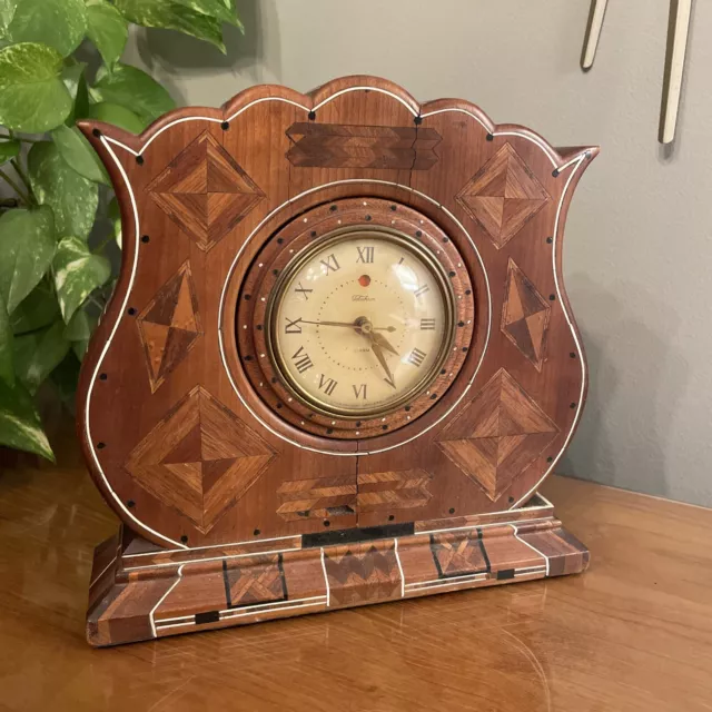 Vintage Telechron Mantle Clock Inlaid Wood Tulip Design WORKS!