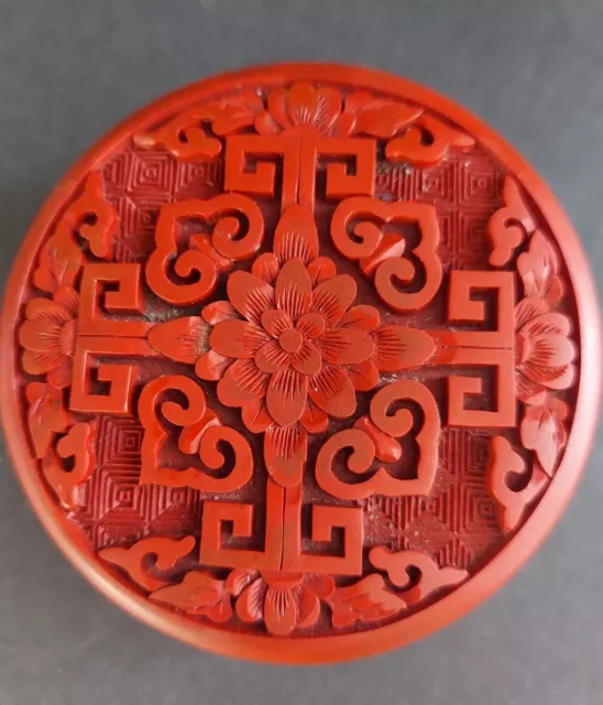 Vintage Chinese Carved Red Cinnabar Lacquer Round Copper Enamel Trinket  Box.