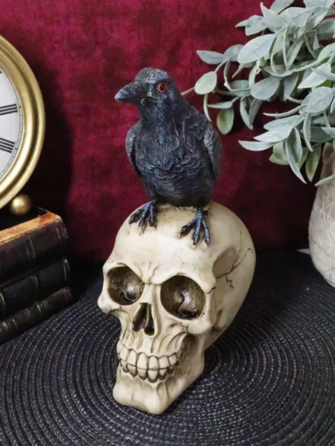 Quoth The Raven Nevermore Black Crow With Red Eyes On Macabre Skull Figurine