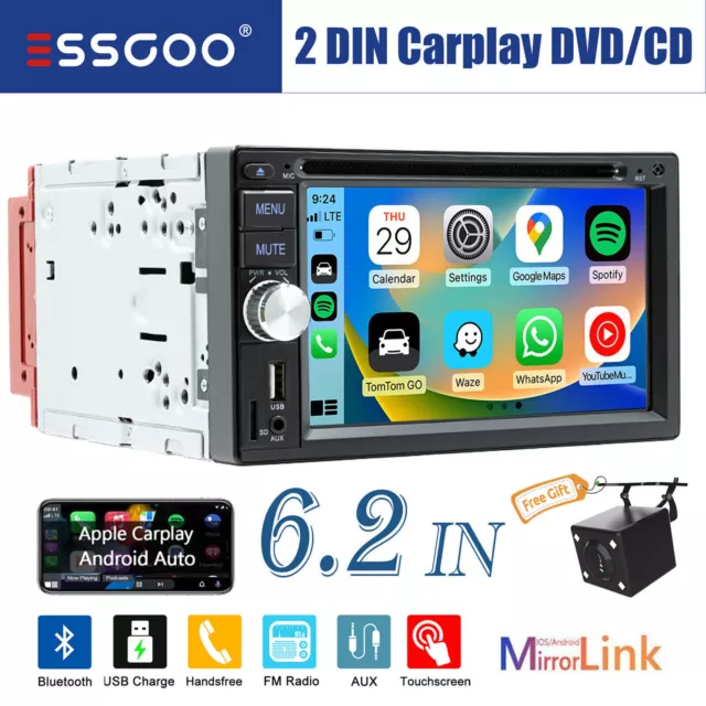 6.2" Double DIN CarPlay/Android Auto CD/DVD Car Stereo HD Player Head Unit AM/FM