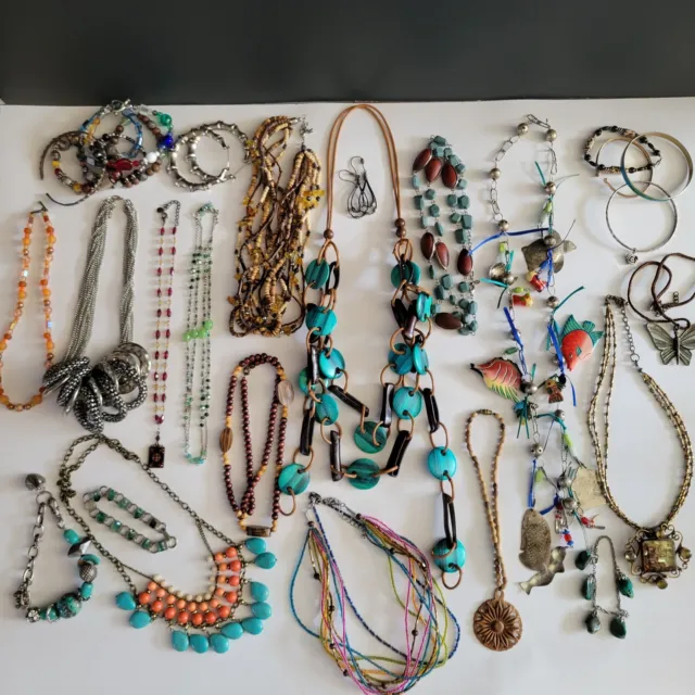 Southwestern Style Jewelry Lot Carved Wood Beads Faux Turquoise Silver Tone