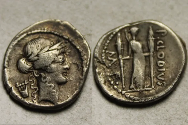 Rare ancient Roman silver coin P Clodius Denarius 42 BC Apollo Lyre Diana