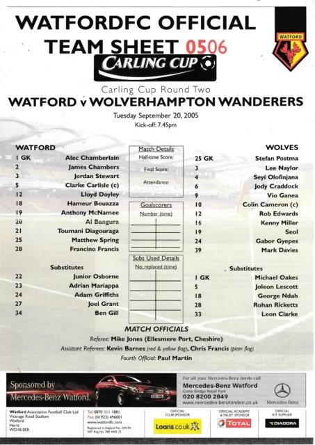 Teamsheet - Watford v Wolverhampton Wanderers 2005/6 (20 Sep) League Cup