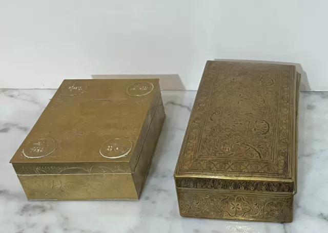 Group Of 2 Gold Color Antique Brass Asian Decorative Boxes - Chinese And Indian 3