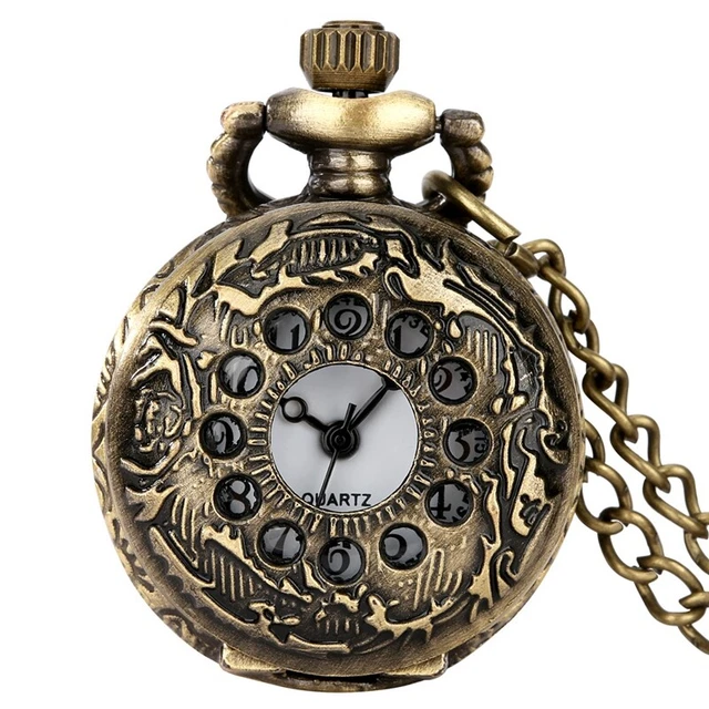 Vintage Mini Size Quartz Pocket Watch with Necklace Chain for Women Men Bronze