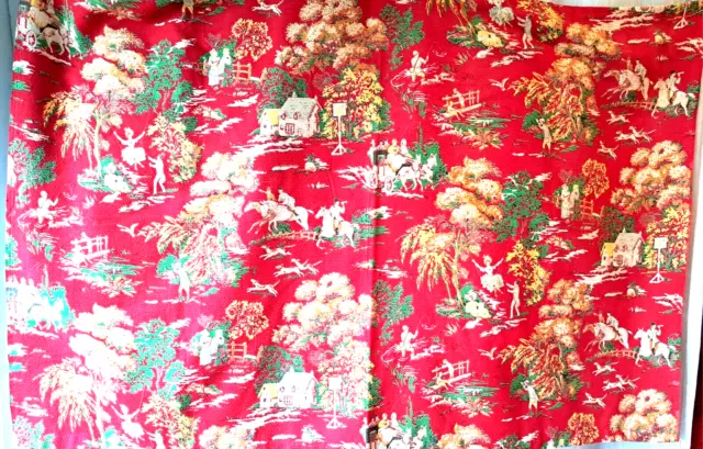 Vintage 1950s Countryside Print  Red Cotton Pique Fabric Length Curtain