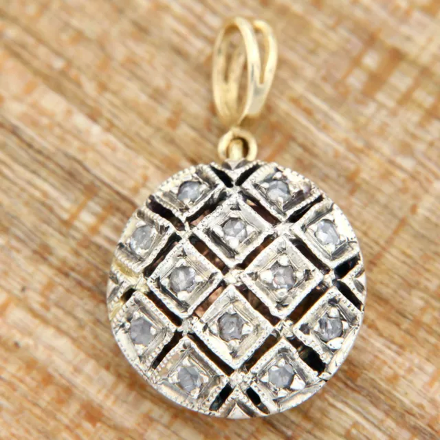 14 k ct Real Solid Yellow GOLD and DIAMOND Cluster Antique style Round Pendant