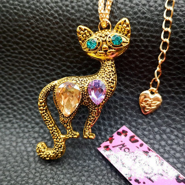 Betsey Johnson Enamel Crystal Cute Cat Kitten Pendant Chain Necklace/Brooch Pin 2