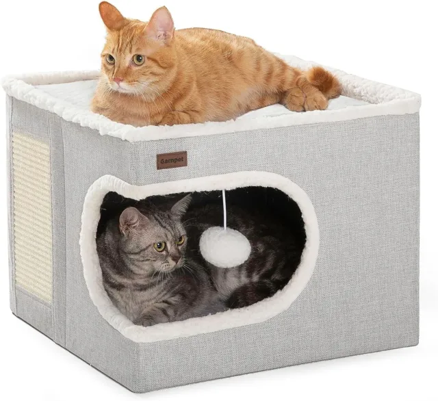 Cat Bed for Indoor Cats Cube House  Scratch Pad and Hideaway Tent Large Gray