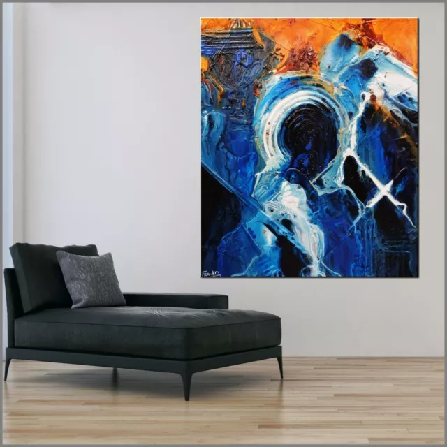 Blue Rustic Orange Abstract Art Painting Textured Framed 120cm x 100cm Franko