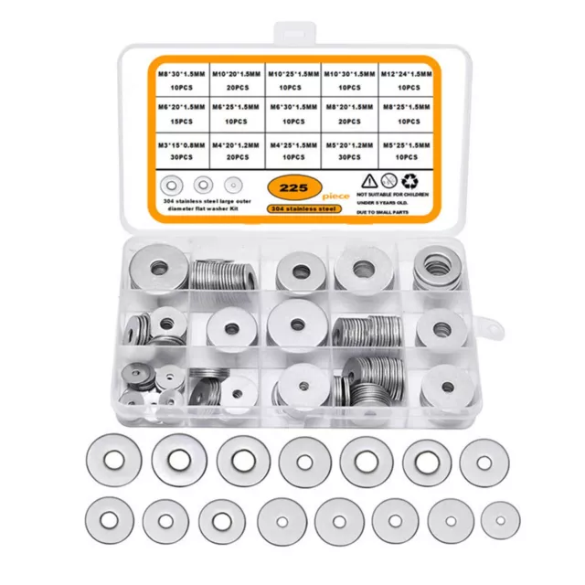 Heavy Duty 304 Stainless Steel Flat Washers Set 225 Pieces Hardware Assortment