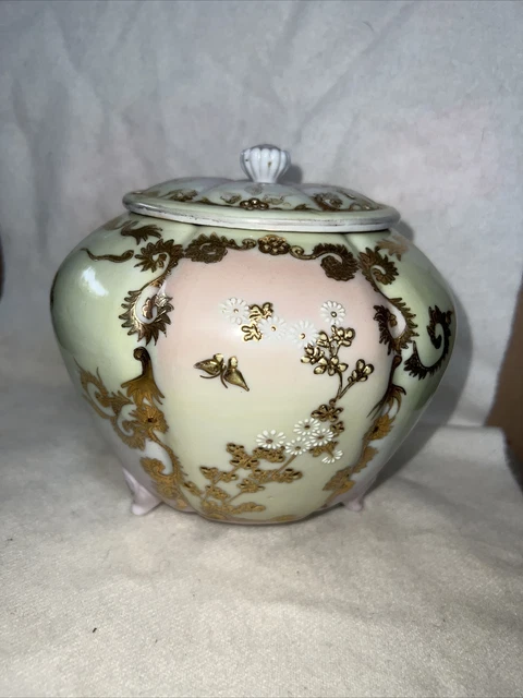 Porcelain Footed  Floral Ginger Jar with Lid roses moriage gold trim