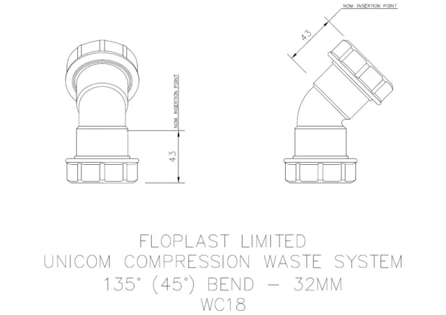 FLOPLAST 32mm 1.1/4" WHITE 135º (45º) DEGREE BEND ELBOW COMPRESSION WASTE SYSTEM 3