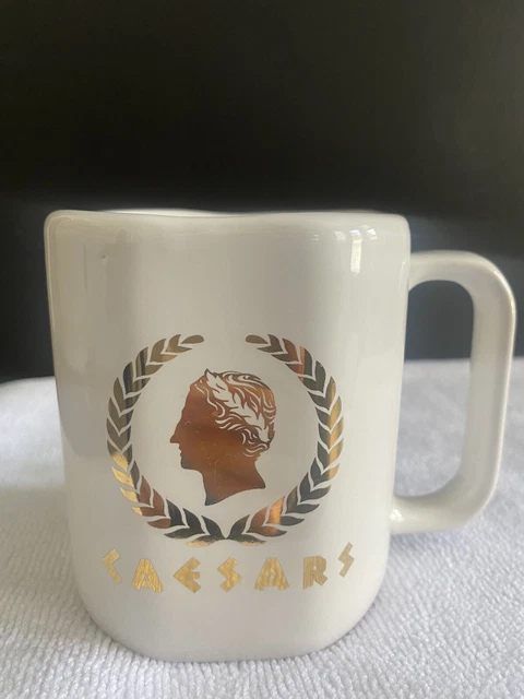 Vintage Caesars Palace Coffee Mug White Gold Foil Gold Swizzle Stick EUC
