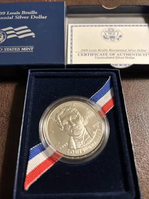2009 Louis Braille Bicentennial Proof 90% Silver Dollar US MINT Coin Box and COA