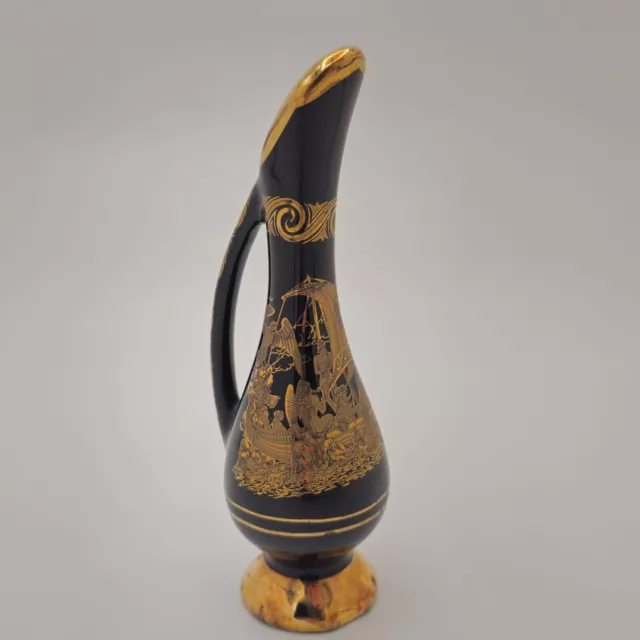 Vintage Black Vase 24K Gold Painted, Greek Pandora Hand Made Small Pitcher