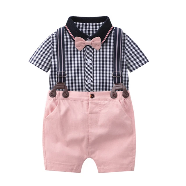 Baby Jungen Gentleman Anzug  Kariertes Hemd Bodysuit Sommer Hosenträger Shorts