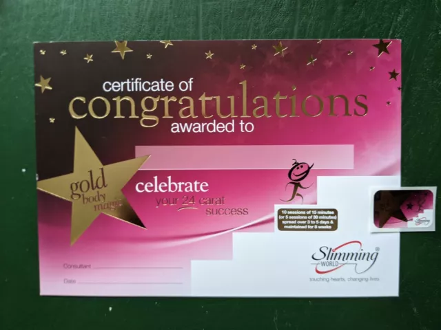 SLIMMING WORLD - Body Magic - GOLD - Certificate And Sticker £1.69
