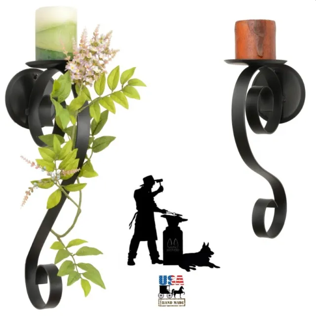 SCROLL PILLAR CANDLE SCONCE Wrought Iron Black Metal Holder in 2 Sizes AMISH USA