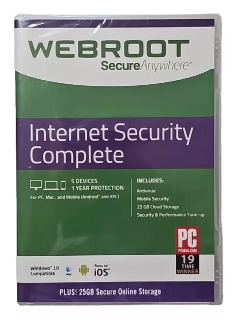 Webroot Internet Security Completo | 1 año 5 dispositivos-PC, MAC y seguridad móvil