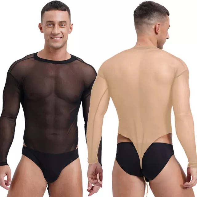 Mens Leotard See Through Jumpsuit Sexy Bodysuit Sheer Crew Neck Long Sleeve