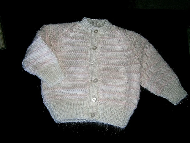 Vintage Hand-Knit Baby Cardigan  - Age 6 months Approx - White/Pink Stripes -New