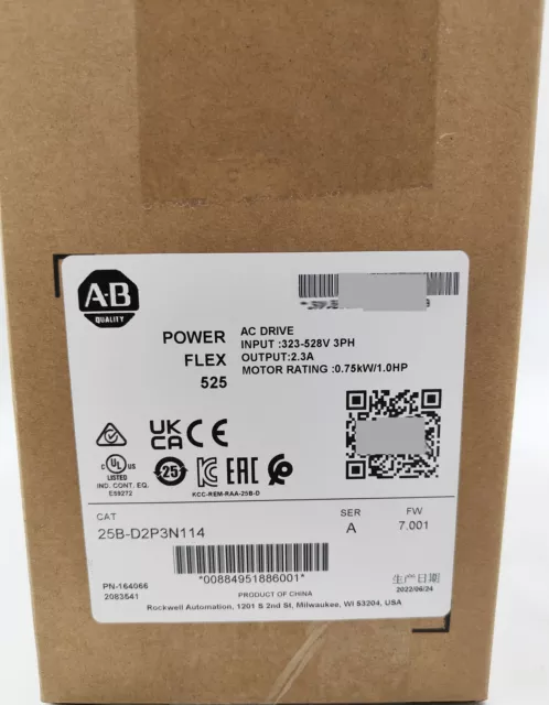 New Allen-Bradley 25B-D2P3N114 Ser A PowerFlex 525 0.75kW (1Hp) AC Drive Sealed