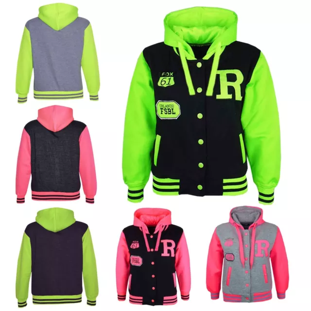 Giacca Bambini Ragazze Ragazze Ragazzi R Moda Baseball Giacca Con Cappuccio Varsity 2-13 Anni 2