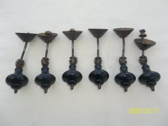 Set of 6 Victorian Eastlake Teardrop Drawer Pulls Handles Wood Brass Hardware