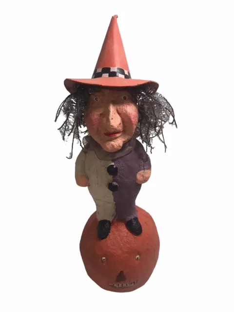 Vintage Primitive Folk Art Paper Mache Halloween Witch on a Pumpkin Fall Decor