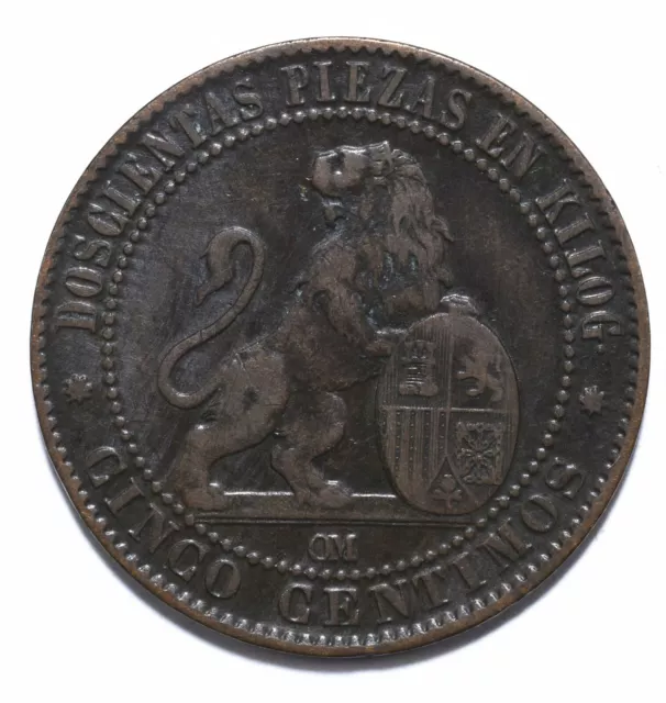 1870, Spain, 5 Centimos, Provisional Government, VF, Bronze, KM# 662, Lot [569]