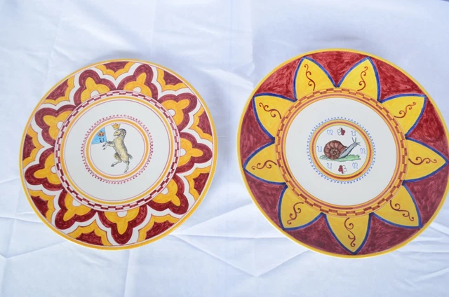 VTG Rustic Italian Hand Painted 12" PLATES Red/Yellow Ram/Snail Folk Art Kitchen