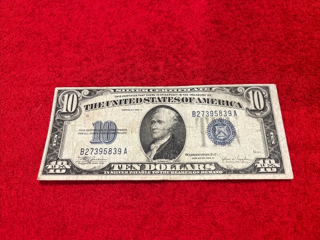 1934 Ten Dollar Bill • Silver Certificate Note • Average Circulated • B27395839A