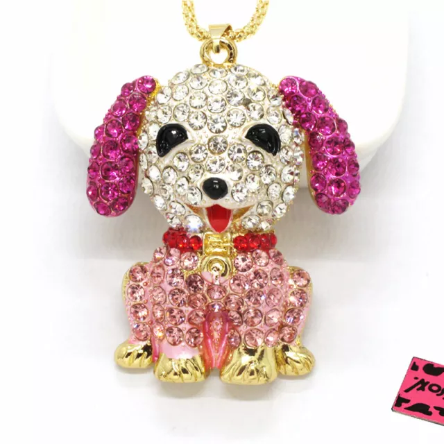 Fashion Women Cute Pink Dog Puppy Animal Crystal Pendant Sweater Chain Necklace