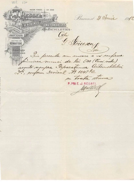 Facture.AM20957.Roumanie.Bucarest.1912.EJ Ressel.Machine à coudre.Automobile.B