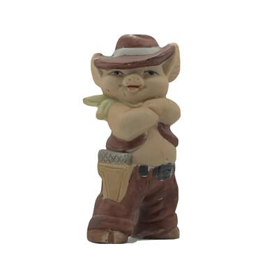 Vintage Ceramic Cute Western Cowboy Pig Figurine with Arms Crossed, 3.25" Tall
