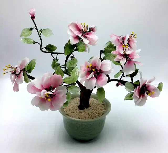 Vtg. Chinese Glass Stone Jade Cherry Blossom Bonsai Tree Pink White Flowers Pot