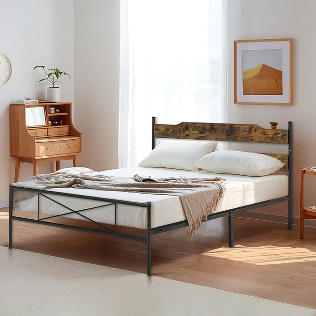 Industrial Queen Size Platform Metal Bed Frame With Wooden Headboard Heavy Duty